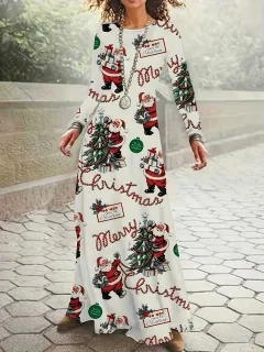Santa Claus Printed Round Neck Long Sleeve Elegant Dress - White - View 1