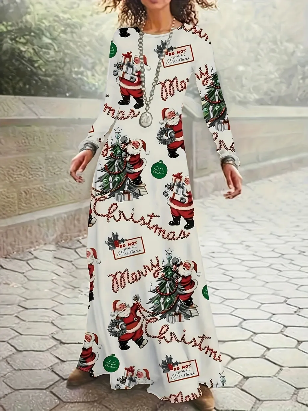 Santa Claus Printed Round Neck Long Sleeve Elegant Dress - White