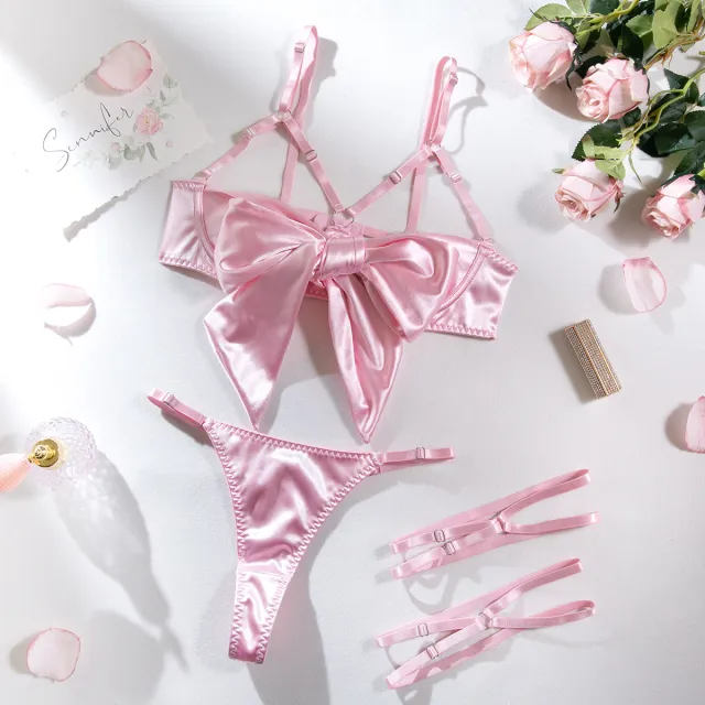 Underwear Steel Ring Cutout Topless Color Three piece Set Pink - Shop at LoveMi
