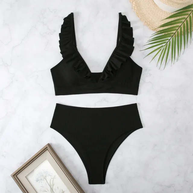 Fresh And Retro Striped Split Small Chest Bikini Vacation Swimwear Black - Shop at LoveMi