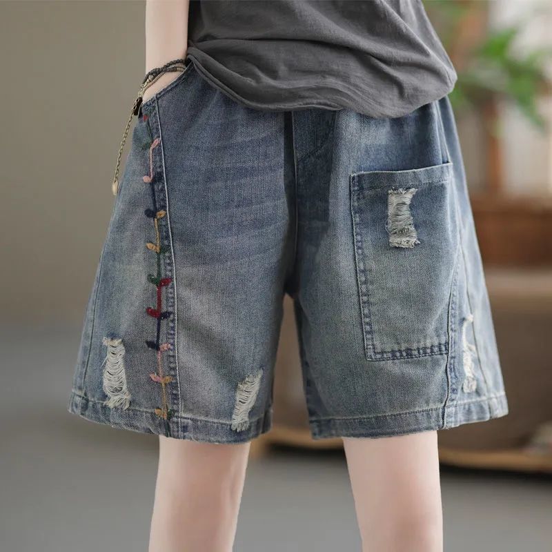 Retro Distressed High-waisted Denim Shorts For Women