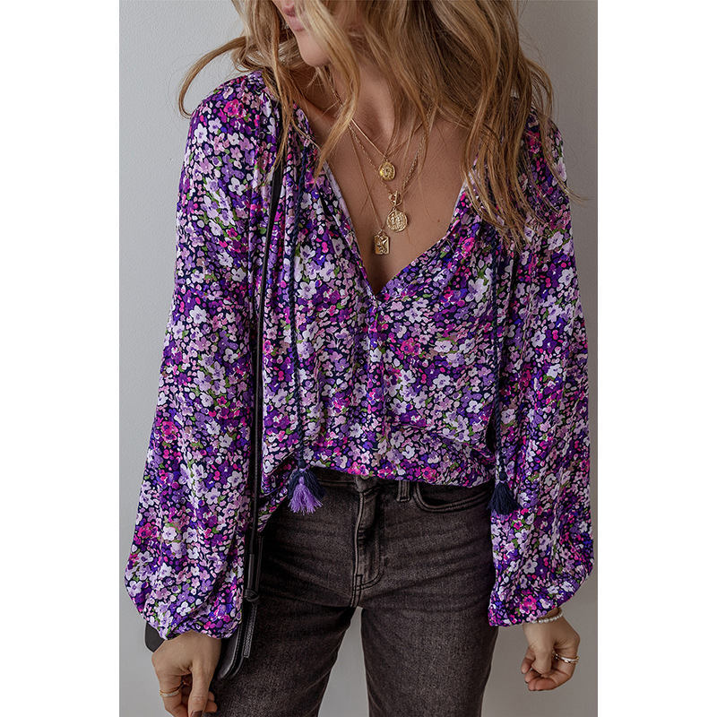 European And American Fashion Flower Printed V-neck Pullover Chiffon Shirt Women