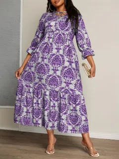 Printed V-neck Lace-up Swing Vacation Style Dress - Purple - View 1
