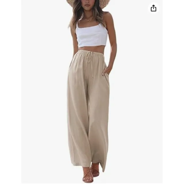 Loose Casual Pocket Drawstring Wide leg Pants For Women Khaki - Shop at LoveMi
