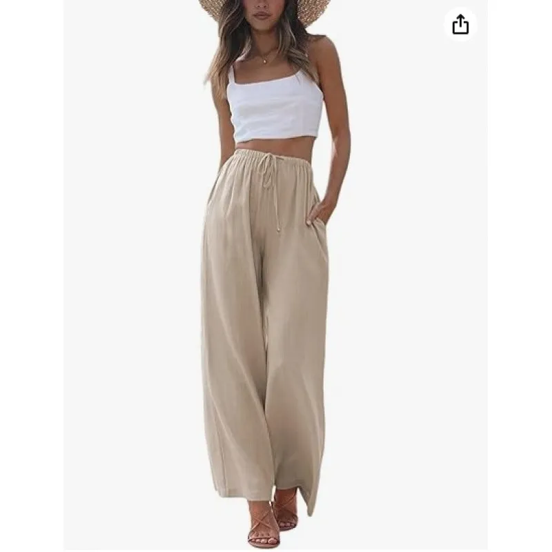 Loose Casual Pocket Drawstring Wide-leg Pants For Women - Khaki
