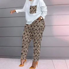 Long Sleeve Plus Size Loose Women's Casual Suit - Khaki - View 1