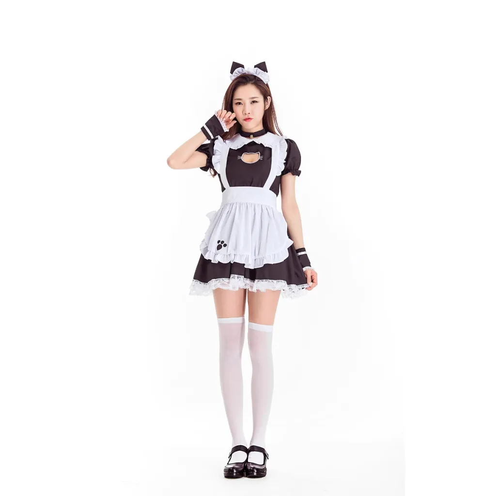 Polyester Women's Role-playing Dress With Cat's Paw Pattern - Black And White