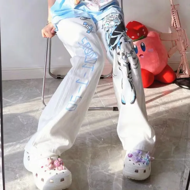 Women's Fashion Simple Cartoon Print Straight Casual Trousers White - Shop at LoveMi