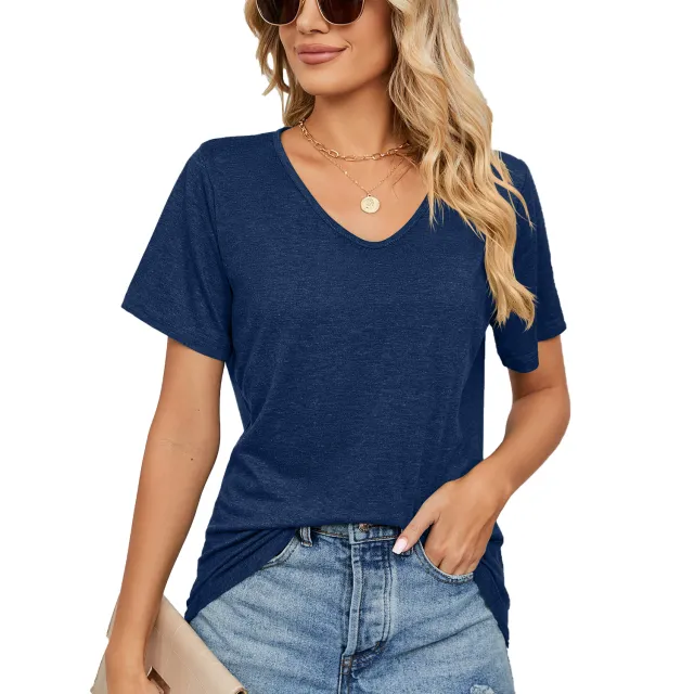 Spring Summer New Short Sleeves V neck Pleated Solid Color Loose fitting T shirt Top Women Blue - Shop at LoveMi