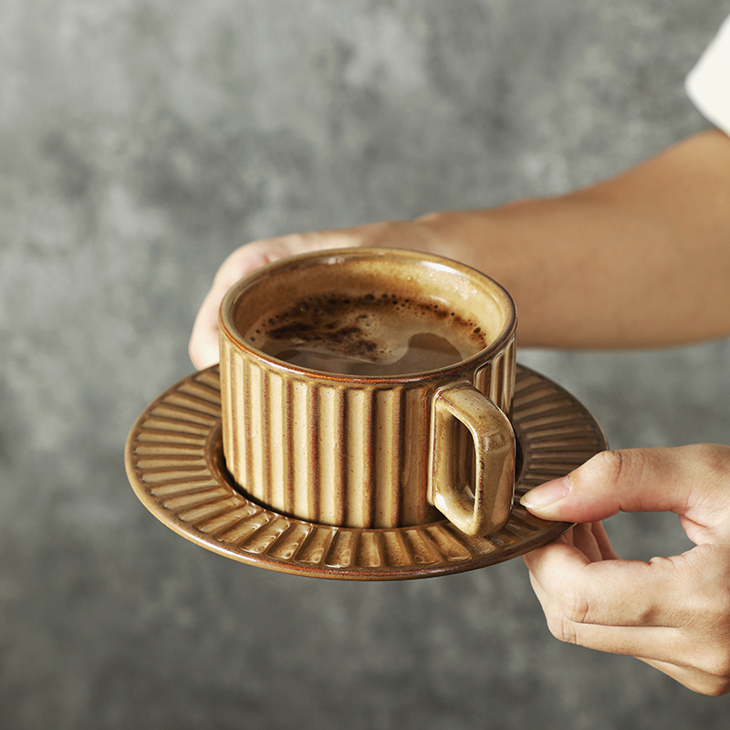 Vintage Aged-look Ceramic Coffee Mug With Kiln-shift Vertical Stripes