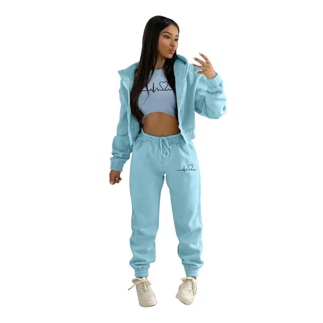 European And American Fashion Women's Wear Brushed Hoody Hooded Letter print Casual Suit Three piece Set Lake Blue - Shop at LoveMi