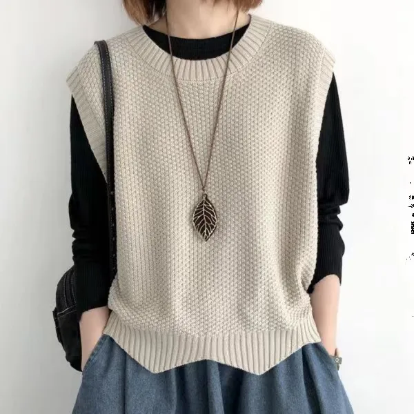 Autumn And Winter Sweater Vest Knitted Waistcoat Outer Wear Vest Coat Apricot - Shop at LoveMi