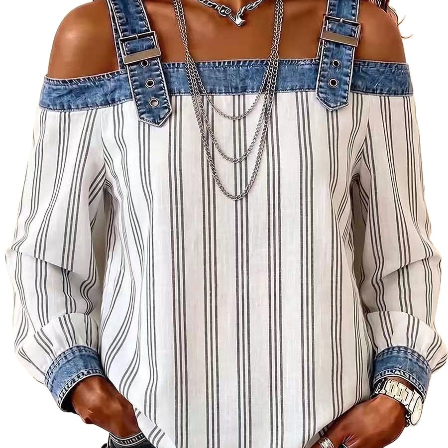 Womens Denim Patchwork Off-Shoulder Top