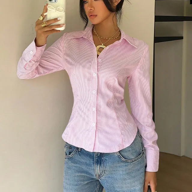 Elegant Striped Waist tied Long sleeve Shirt For Women Pink - Shop at LoveMi