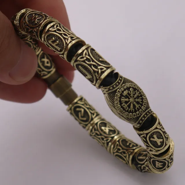 Viking Odin Rune Compass Beard Beaded Alloy Bracelet Ancient Bronze 19Cm - Shop at LoveMi
