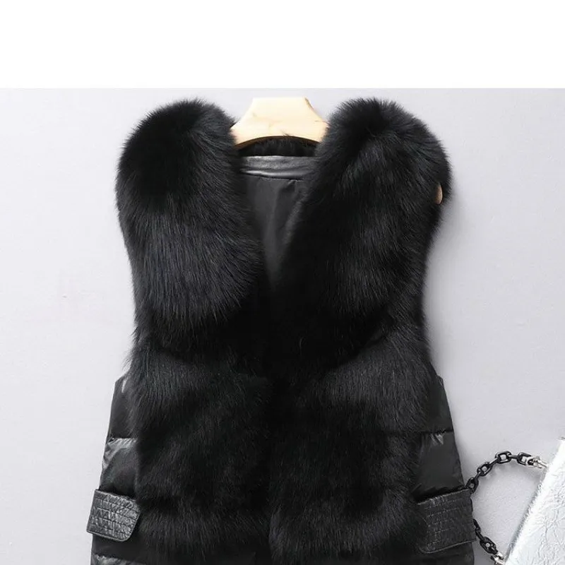 Winter Short Down Jacket Women's Imitation Fox Fur Woolen Women's Winter Wear Vest Cardigan - Black
