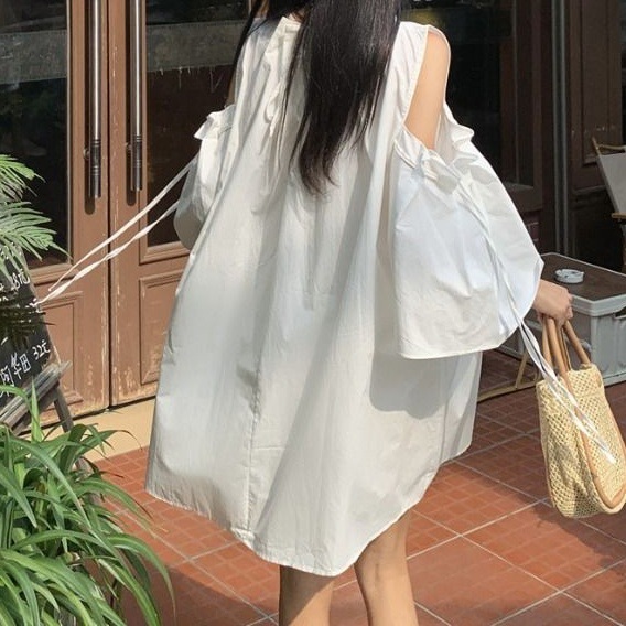 Retro Coffee-colored Lace-up Off-shoulder Dress