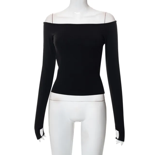 Solid Color Pullover Off the shoulder Long Sleeve Hollow Out Black - Shop at LoveMi