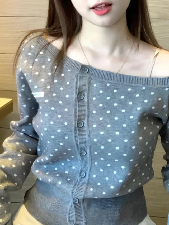 Polka Dot Long Sleeve Diagonal Cardigan Sweater Women's Casual Coat Gray - Shop at LoveMi