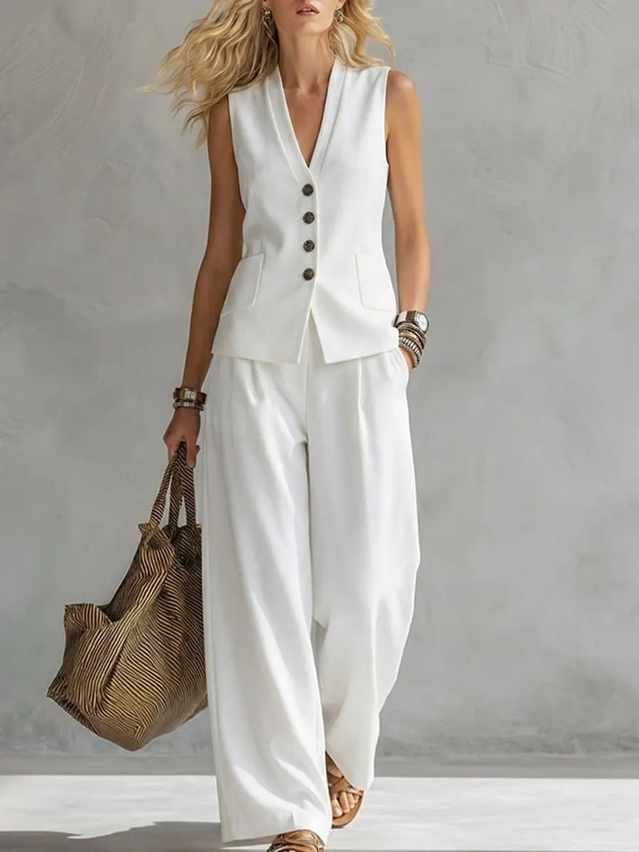 Womens Solid-Colored Sleeveless Casual Linen Tank Top And Pants Set 6