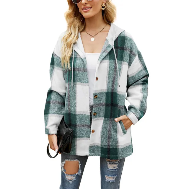 Ladies Plaid Coat Hooded Casual Loose Shirt Green - Shop at LoveMi