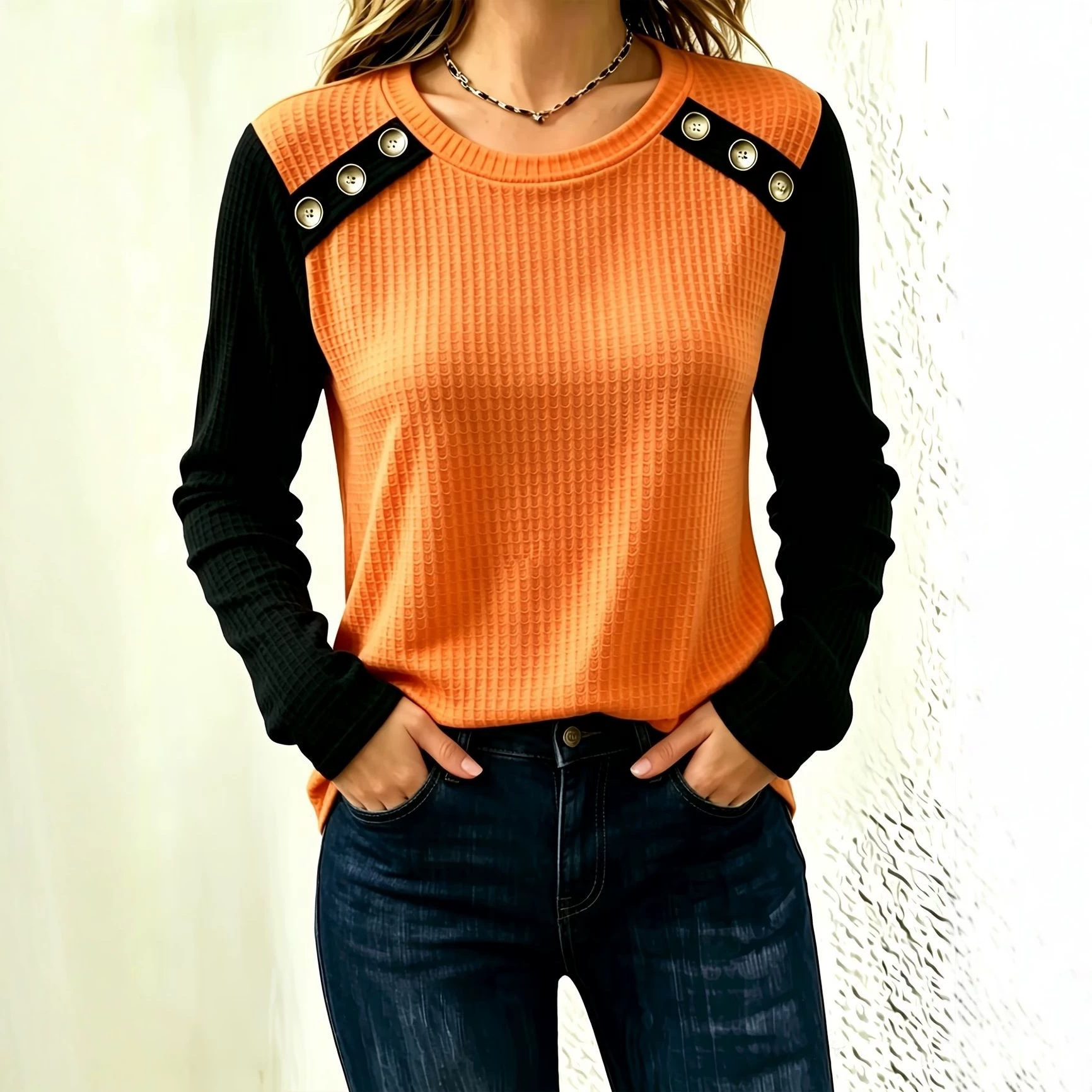 FallWinter Crew-neck Patchwork Waffle-knit Long-sleeve Top