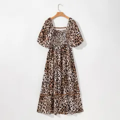 High Waist Dress Women's Lantern Sleeve Printed Maxi Dress - Leopard - View 1
