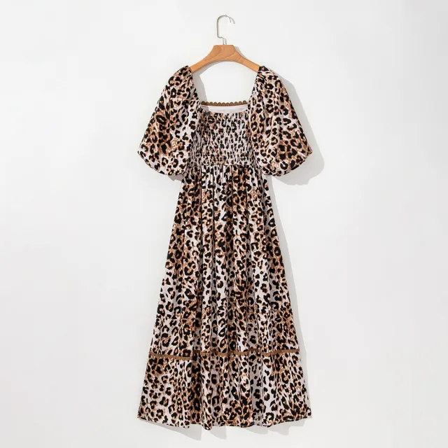 High Waist Dress Women's Lantern Sleeve Printed Maxi Dress Leopard - Shop at LoveMi