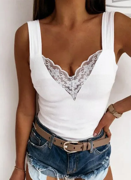 European And American Plus Size Fashion Casual Sexy Suspenders Lace Vest White - Shop at LoveMi