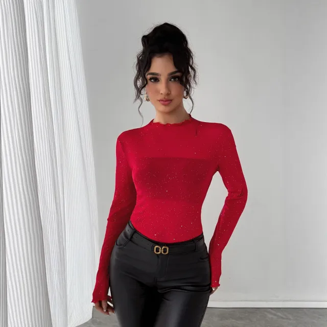 European And American Sequined Top Women's Slim fit Long sleeved Shiny Bling Commuter Top Red - Shop at LoveMi