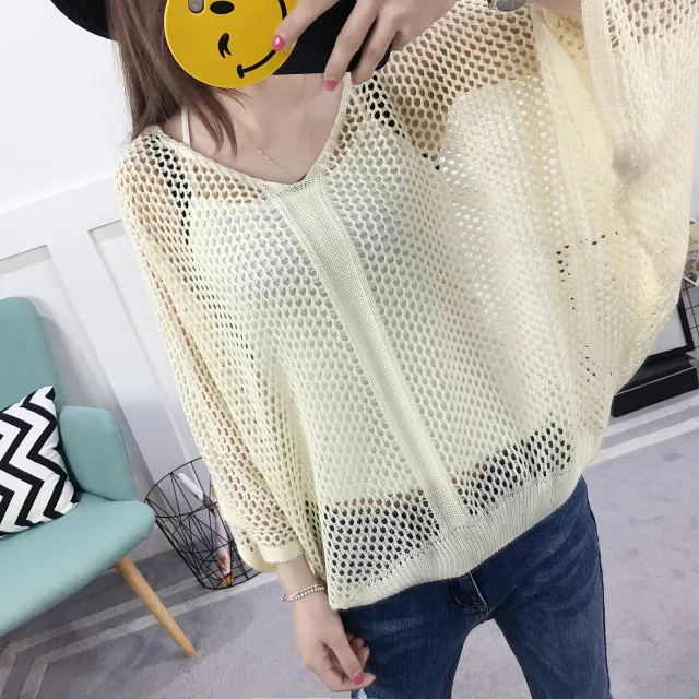 Spring And Summer Loose V neck Hollow Sweater White - Shop at LoveMi