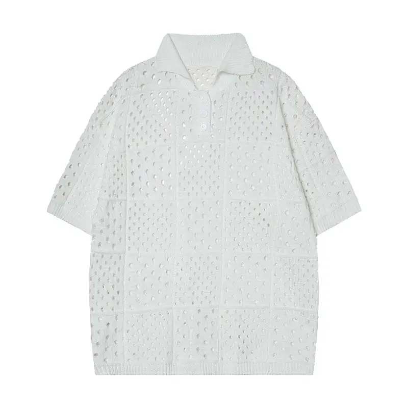 Solid Color Hollow High Sense Short-sleeved Knitting Polo Shirt