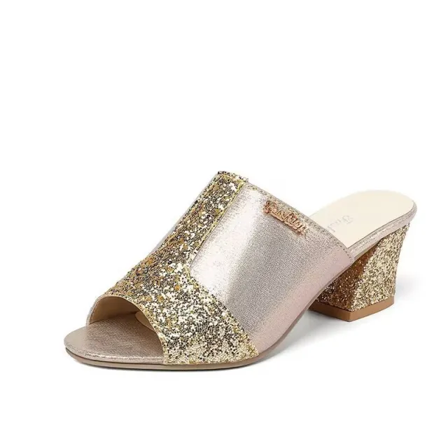 Chunky Heel Sequined Casual Plus Size Sandals Gold - Shop at LoveMi