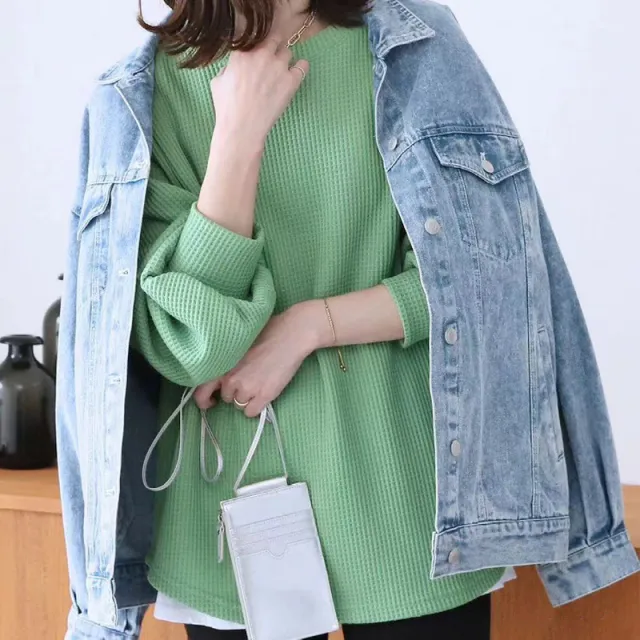 Loose Casual High grade Waffle Bottoming Shirt Cyan - Shop at LoveMi
