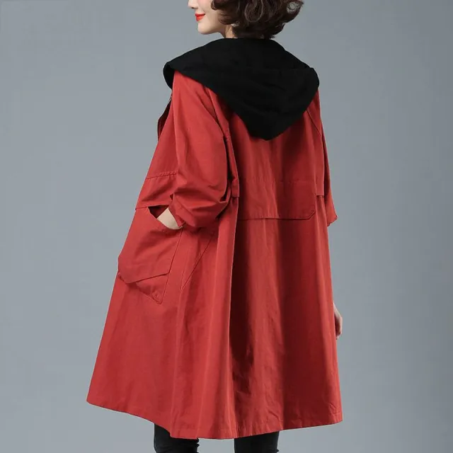 Women's Mid length Autumn Loose Hooded Coat Red - Shop at LoveMi