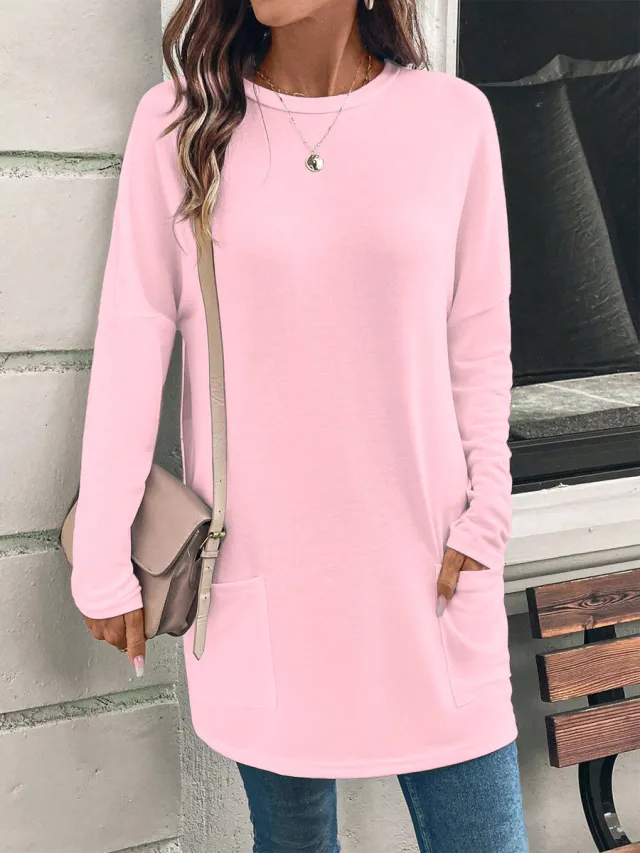 Women's Solid Color Long Sleeve Loose Round Neck Pocket Top T shirt Pink - Shop at LoveMi