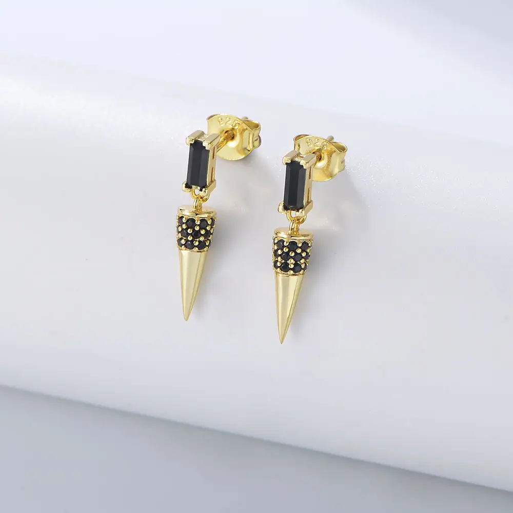 S925 Sterling Silver Cone-shaped Earrings Inlaid With Black Zircon
