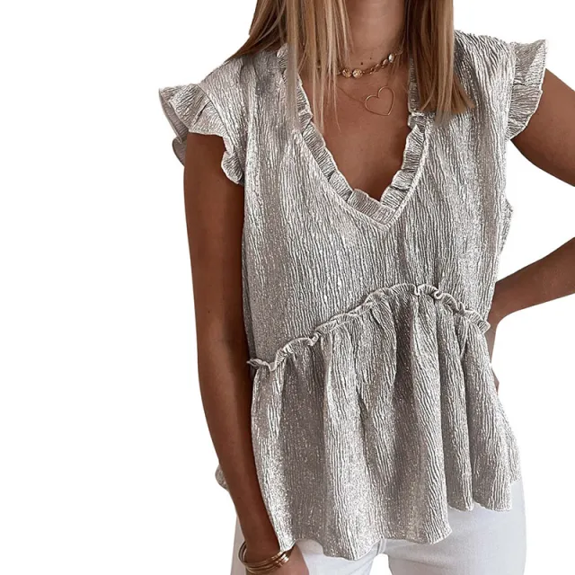 Personalized Metal Pleated Ruffled Short Sleeves Loose Top For Women Khaki - Shop at LoveMi