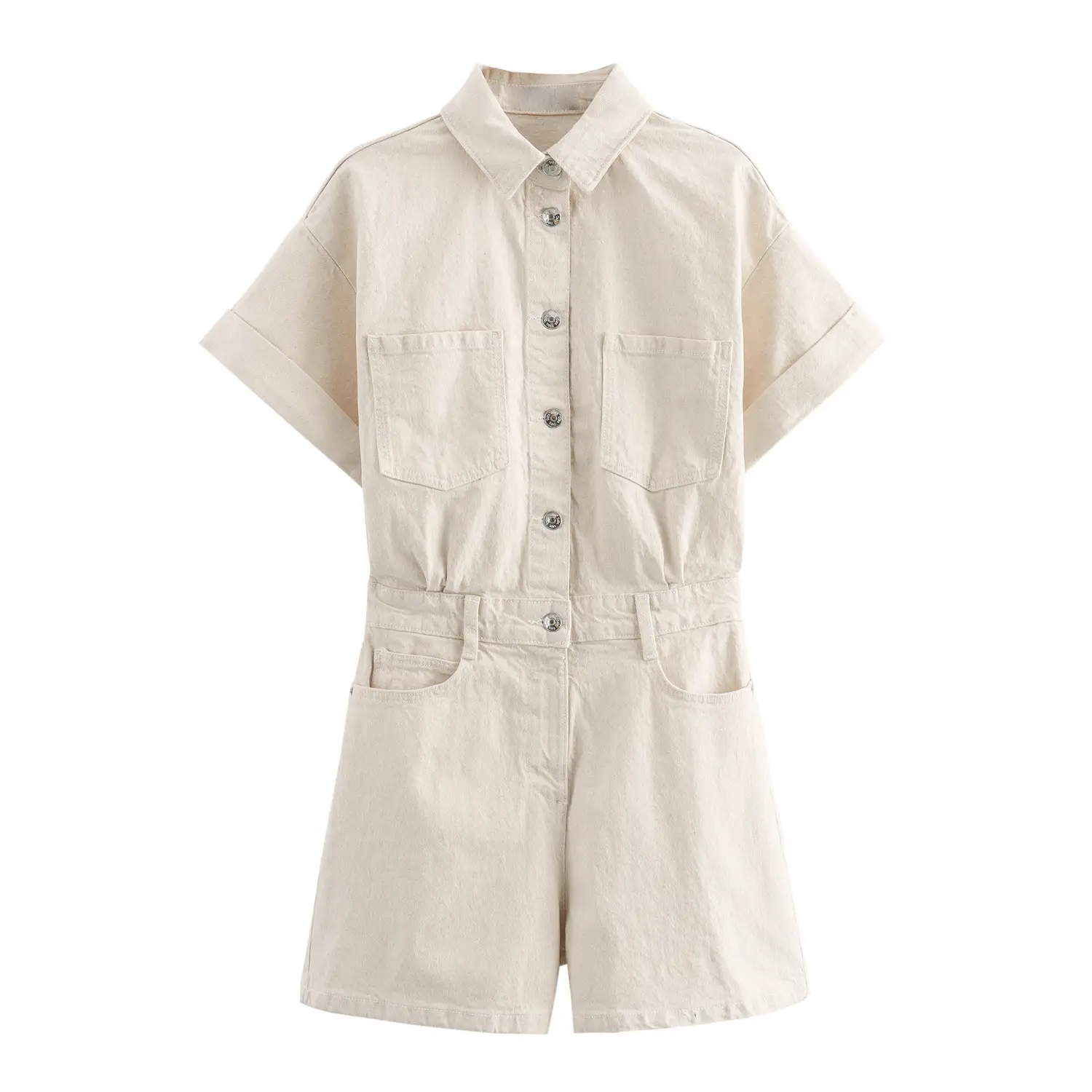 Lapel Multi-color Short Sleeve Denim Jumpsuit