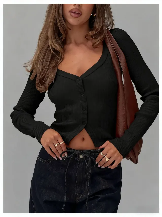 Women's European And American style Long sleeved Slim fit Cropped Knit Top Black - Shop at LoveMi