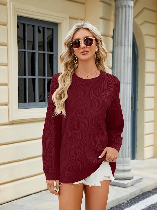 Solid Color Round Neck Loose Long Sleeve Red - Shop at LoveMi