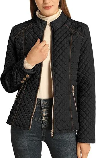 Women's Stand Collar Lightweight Quilted Padded Zip Jacket Black - Shop at LoveMi
