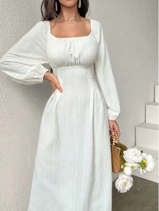 Women's Fashion Square neck Tie waist Figure flattering A line Dress With Long Sleeves And An Elegant Vibe White - Shop at LoveMi