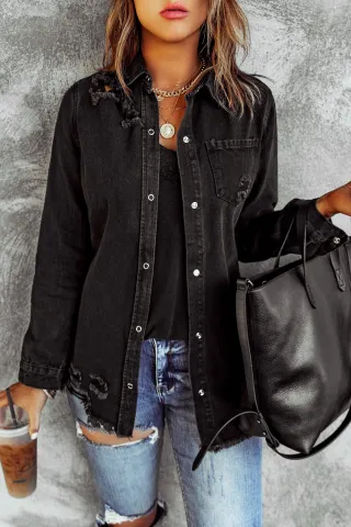 Black Ripped Shirt Denim Long Sleeve Coat Jacket Women - Black