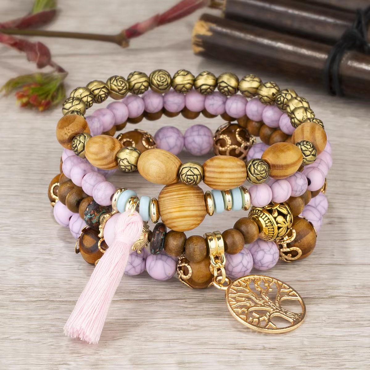 Multi-layer Wooden Bead Stretch Beaded Bracelet