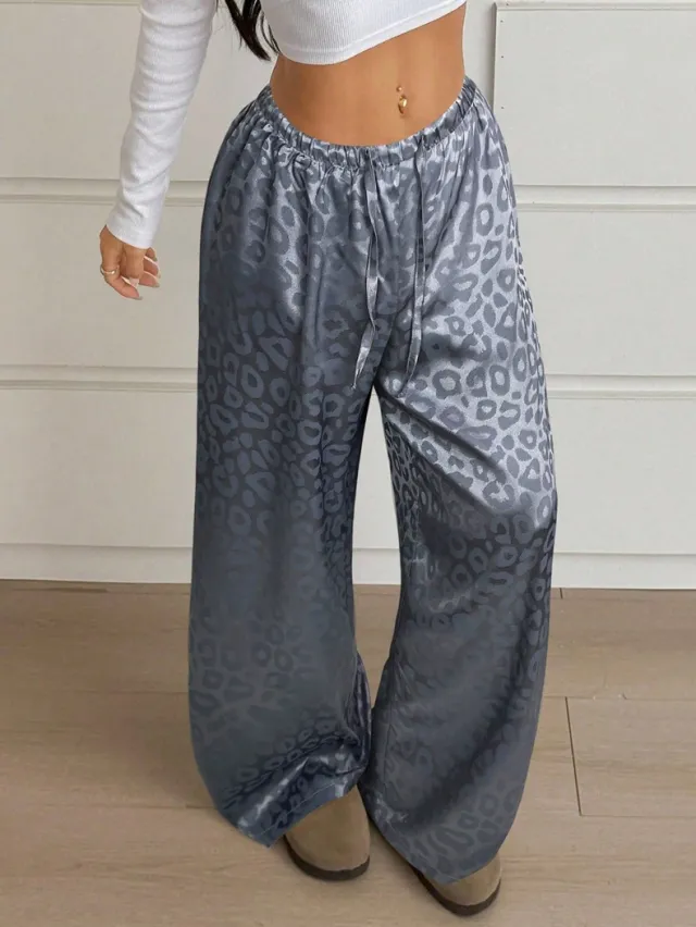 Drawstring Leopard Print Mop Wide Leg Pants Gray - Shop at LoveMi