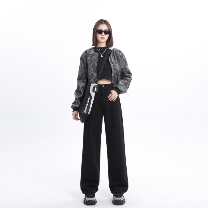 Spring And Autumn New Style White Wide Leg Jeans Women's Loose Straight Black - Shop at LoveMi