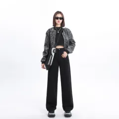Spring And Autumn New Style White Wide Leg Jeans Women's Loose Straight - Black Cropped - View 1