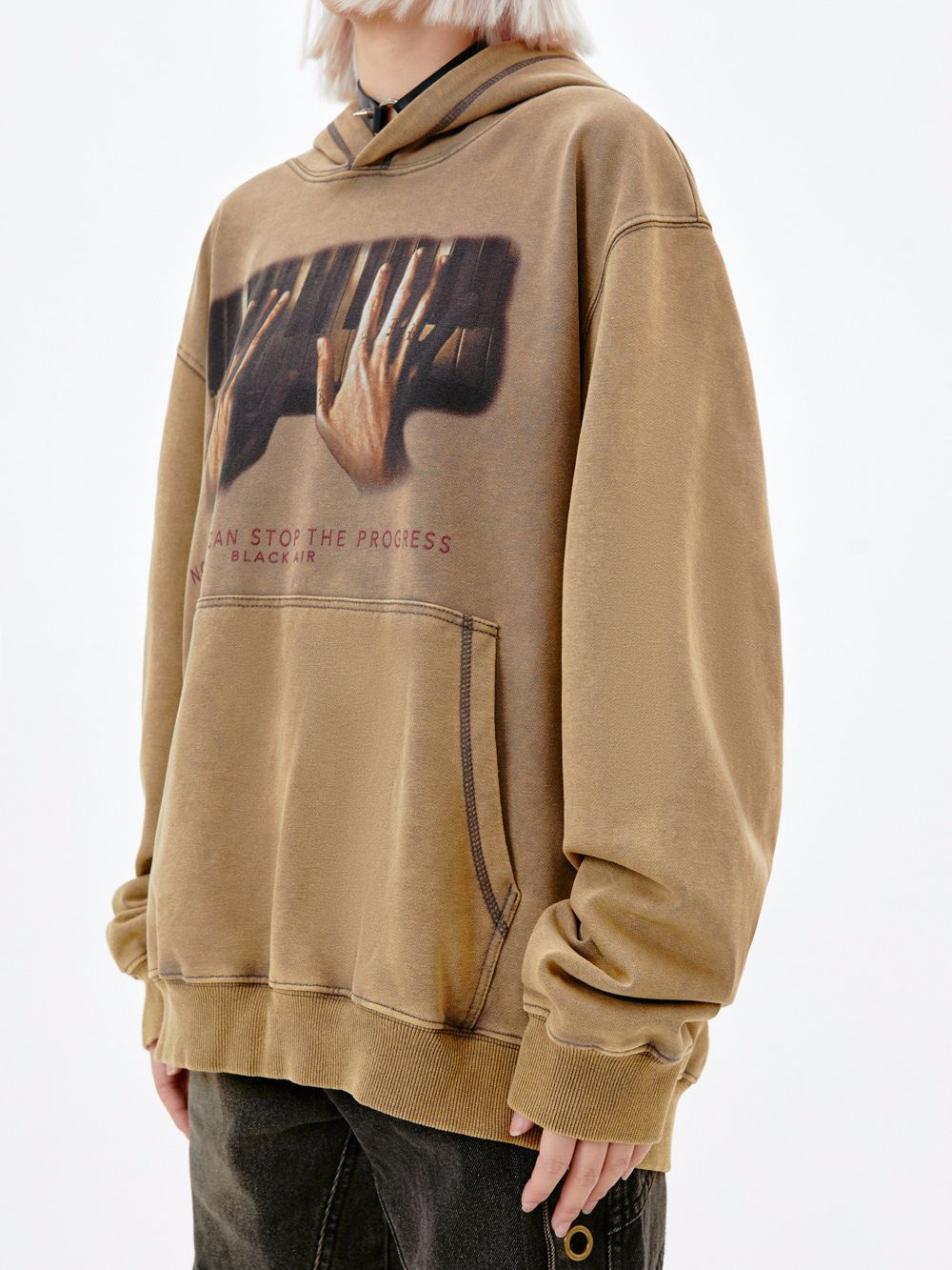 New American Street Piano Hand Print Washed And Worn Hooded Sweater Men