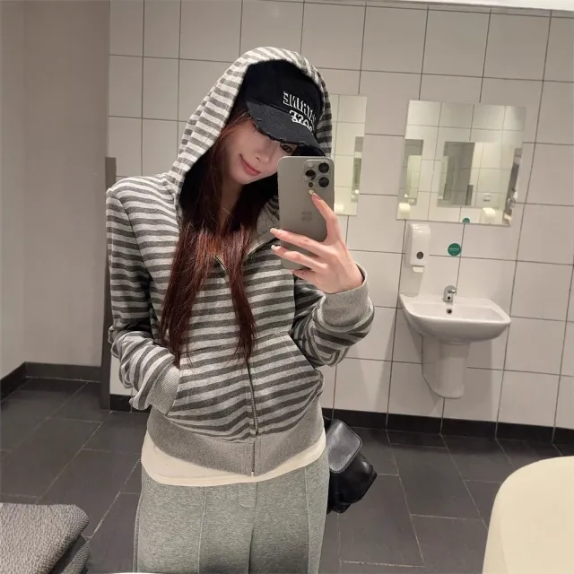 Gray Striped Hooded Sweater Women's Loose Casual Gray - Shop at LoveMi